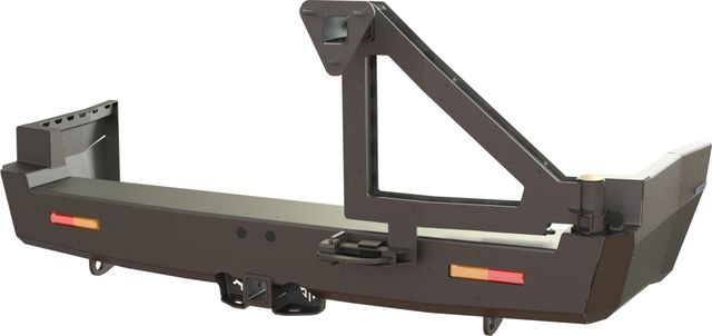 Бампер силовой STC задний для Nissan Patrol Y61 1997-2010 с квадратом под фаркоп, кронштейном крепления запасного колеса справа и дублирующими фонарями. Артикул STC-NPY61-BR-C2-L1