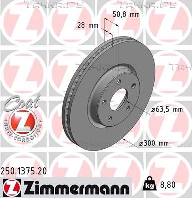 Тормозной диск Zimmermann Coat Z передний для Ford Mondeo V 2014-2026. Артикул 250.1375.20