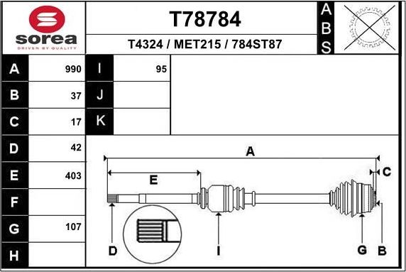 Полуось (привод в сборе, приводной вал) EAI. Артикул T78784