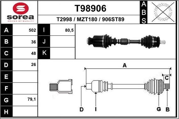 Полуось (привод в сборе, приводной вал) EAI передняя правая для Mazda 3 I (BK) 2006-2006. Артикул T98906