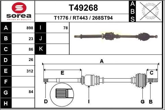 Полуось (привод в сборе, приводной вал) EAI. Артикул T49268