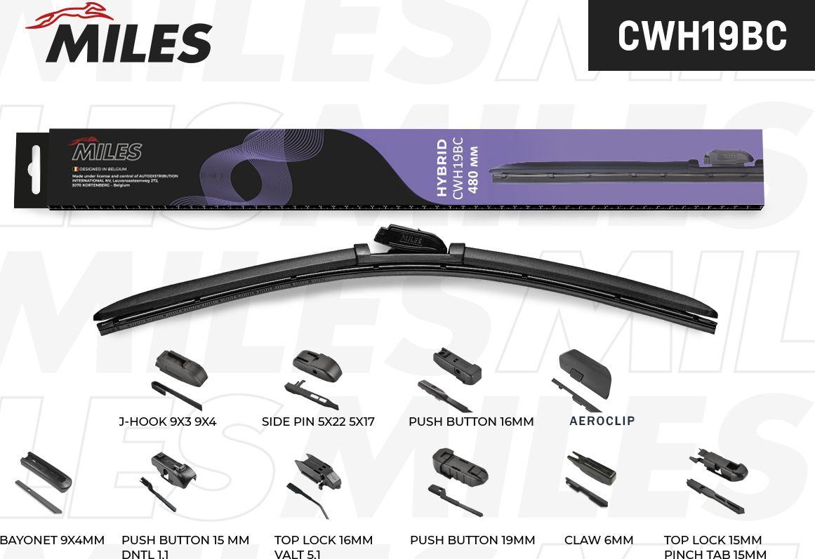 Щётка стеклоочистителя 480 мм (19) гибридная (10 адаптеров) (Miles). Артикул CWH19BC