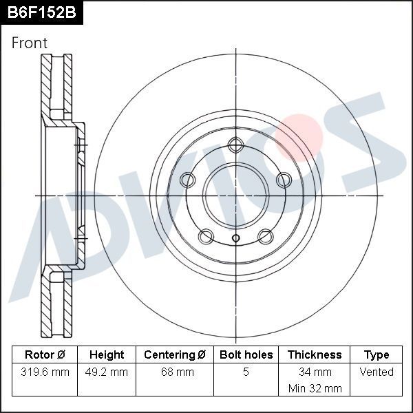 Тормозной диск Advics для Infiniti Q70 I 2013-2026. Артикул B6F152B