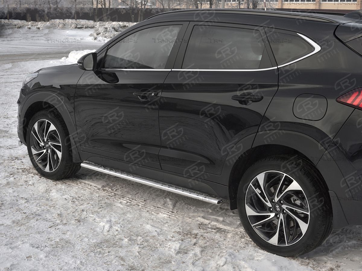 Защита порогов RusStal труба 75х42 овал с проступью для Hyundai Tucson III рестайлинг 2018-2026. Артикул HTO-003098
