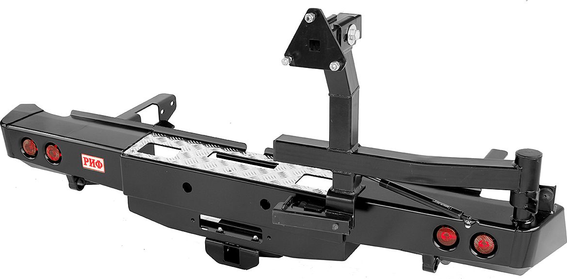Бампер силовой РИФ задний с площ. под лебёдку, квадратом под фаркоп, калиткой и фонарями для Toyota Hilux VIII 2015-2026. Артикул RIFREV-20236