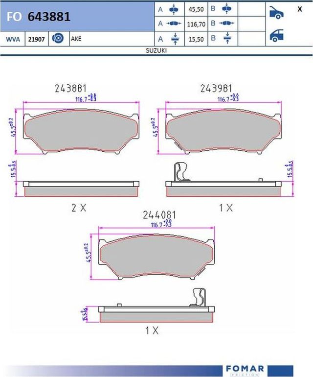 Тормозные колодки Fomar передние для Chevrolet Tracker II 2005-2008. Артикул FO 643881