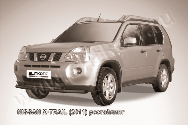 Защита Slitkoff переднего бампера d57/57 двойная ЧЕРНАЯ матовая для Nissan X-Trail T31 2011-2014. Артикул NXT11-003B
