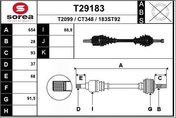 Полуось (привод в сборе, приводной вал) EAI. Артикул T29183