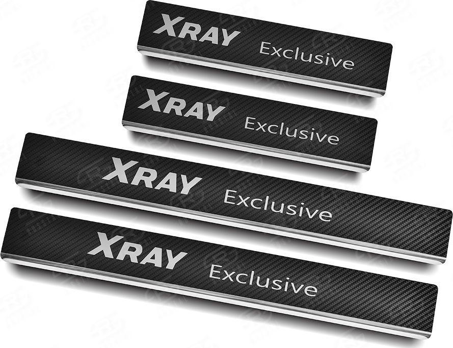 Накладки RusStal на пороги (лист нерж. карбон с надписью) для Lada Xray I Exlusive 2017-2026. Артикул LDXRYE17-06