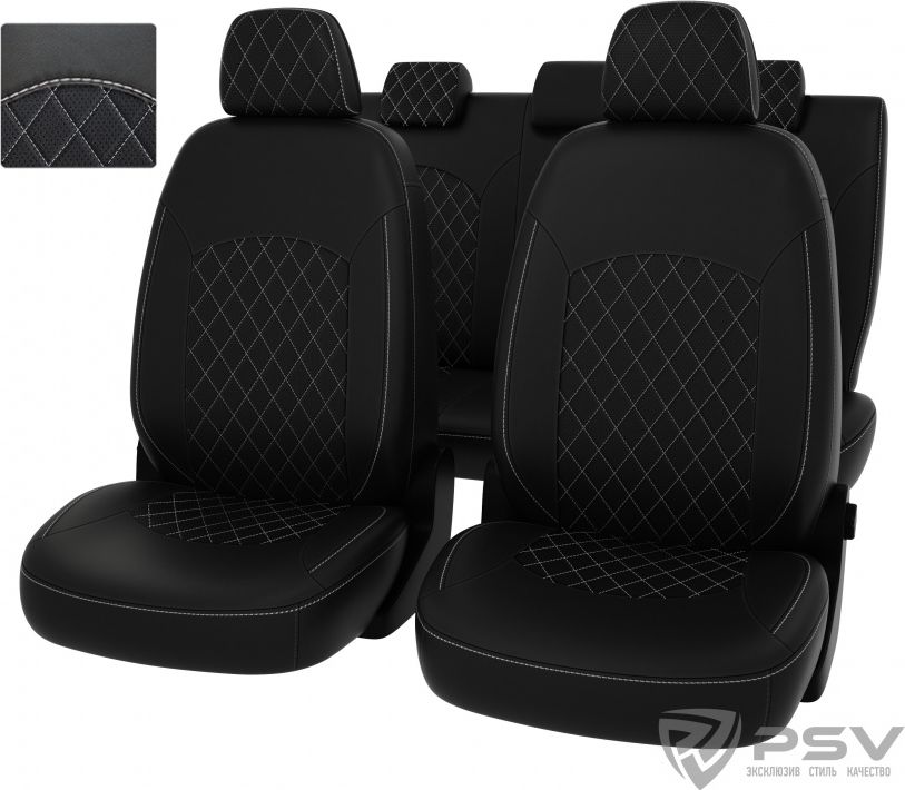 Чехлы PSV Оригинал на сидения для Lada Granta 2011-2018, цвет Черный/отстрочка белая. Артикул 130868