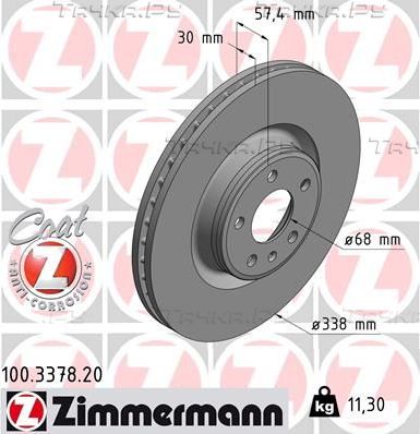 Тормозной диск Zimmermann Coat Z передний для Audi A4 allroad V (B9) 2016-2026. Артикул 100.3378.20