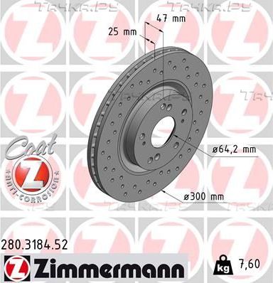 Тормозной диск Zimmermann SPORT Z передний для Honda Civic VIII 2006-2011. Артикул 280.3184.52
