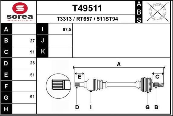 Полуось (привод в сборе, приводной вал) EAI. Артикул T49511