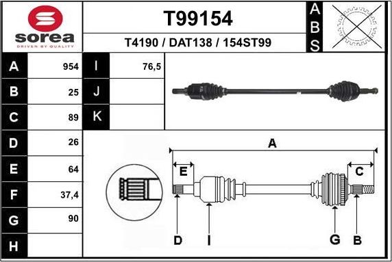 Полуось (привод в сборе, приводной вал) EAI. Артикул T99154